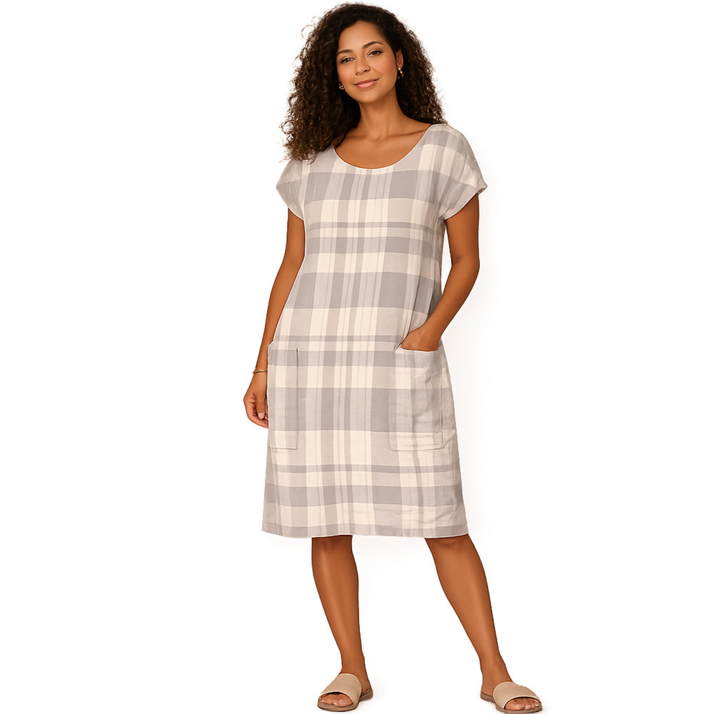 Eileen Fisher Airy Organic Linen Cotton Plaid V-Back Shift Dress Small